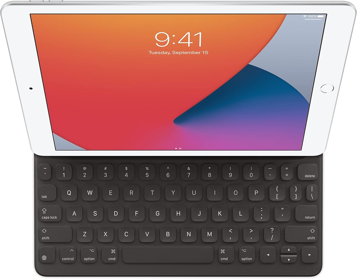 Apple iPad attached to a black Smart Keyboard